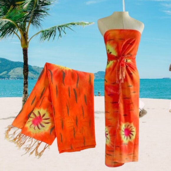 Gorgeous Hand Painted X Large Tropical Vibrant Orange Pareo Sarong - Picture 1 of 6